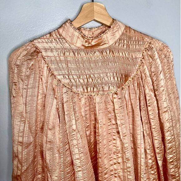 Ulla Johnson Edda Blouse Rose Gold/Peach Size 4 Mock Neck Long Sleeve Metallic - Picture 3 of 10
